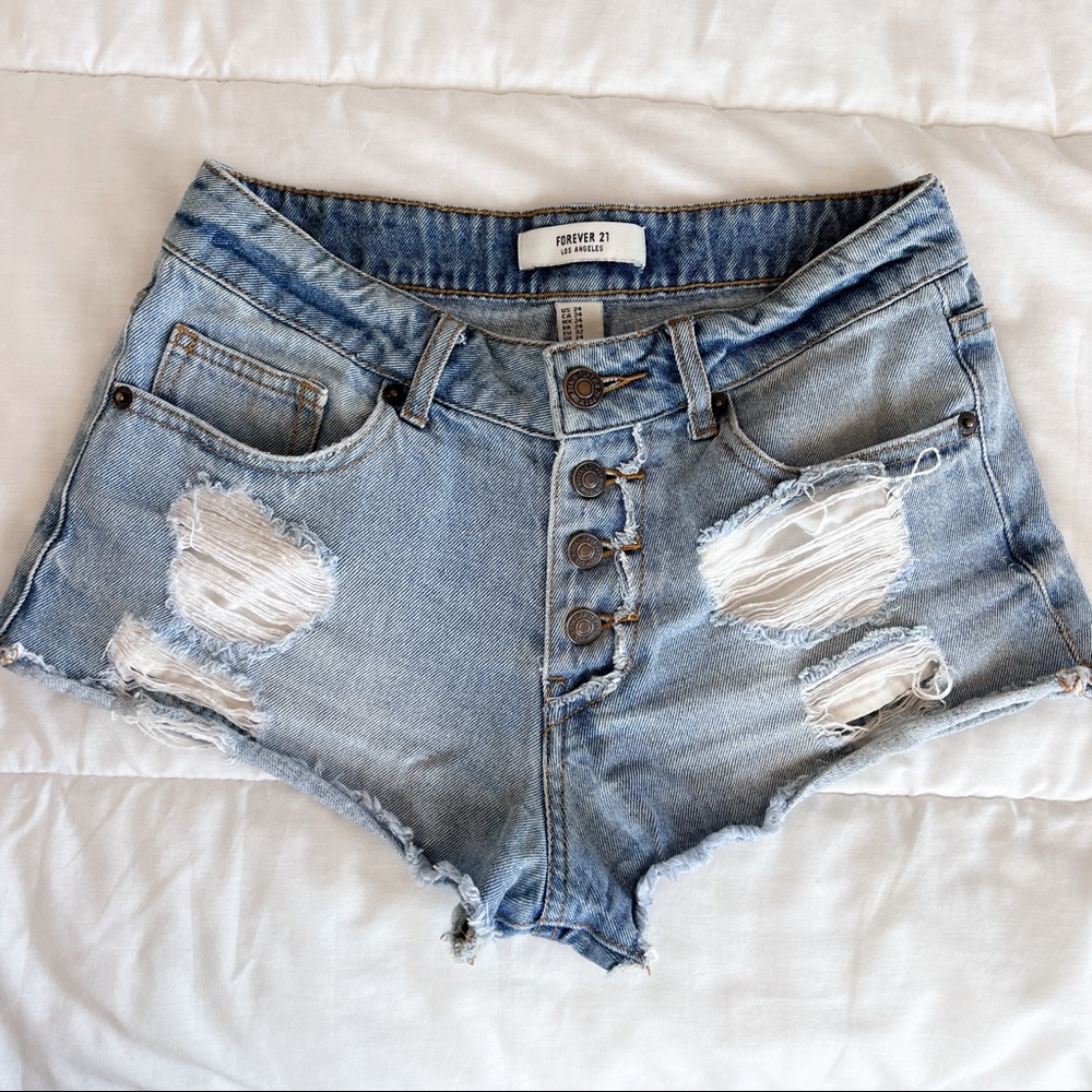 Distressed Light Wash Button Up Denim Shorts - Picture 3 of 5